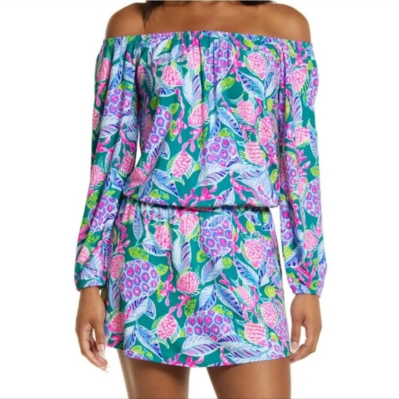 Lilly Pulitzer Lana Skort Romper Maldives Green Turtle Wave Off-Shoulder XXS - Picture 4 of 10